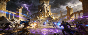 DOTA2游戏画面，展示两支战队在远古遗迹中进行激烈团战的场景